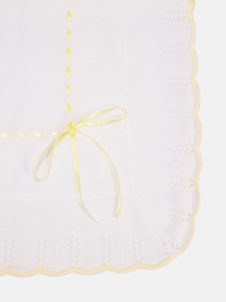 Baby Spanish Shawl Colour Hem & Satin Ribbon - White & Yellow
