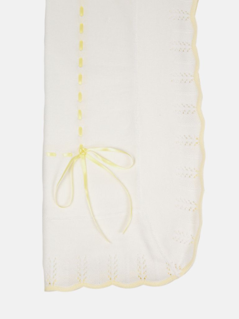 Baby Spanish Shawl Colour Hem & Satin Ribbon - White & Yellow
