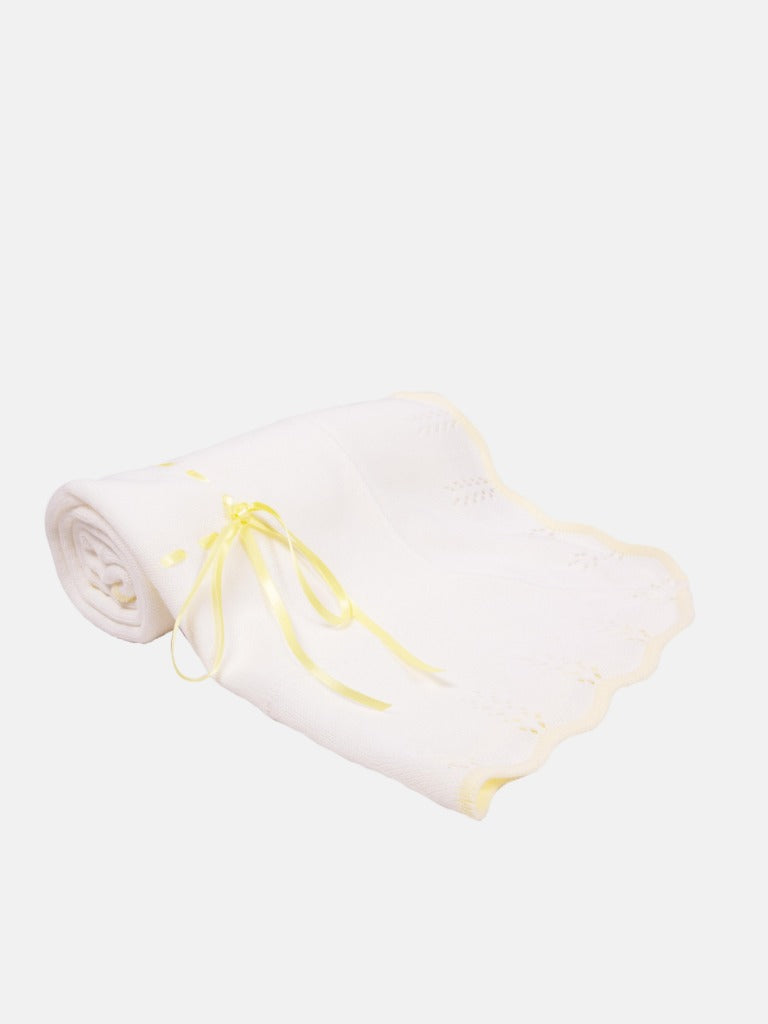 Baby Spanish Shawl Colour Hem & Satin Ribbon-White & Yellow
