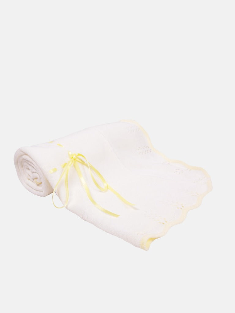 Baby Spanish Shawl Colour Hem & Satin Ribbon - White & Yellow