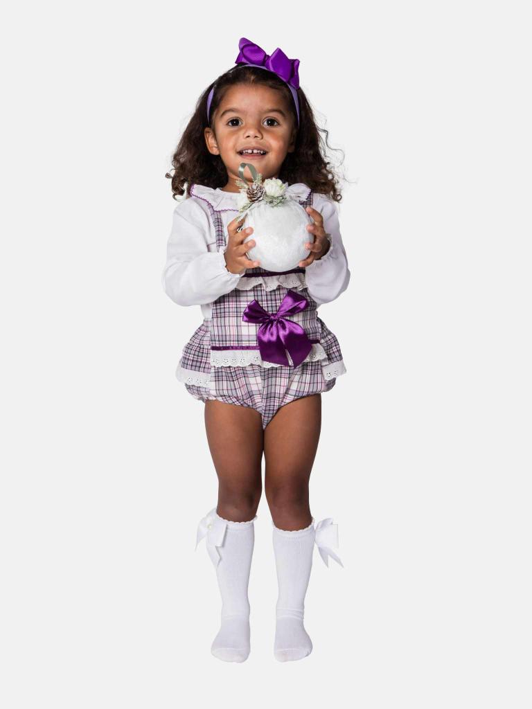 Baby Girl Luxury Tartan Romper - Grey with Purple Bow