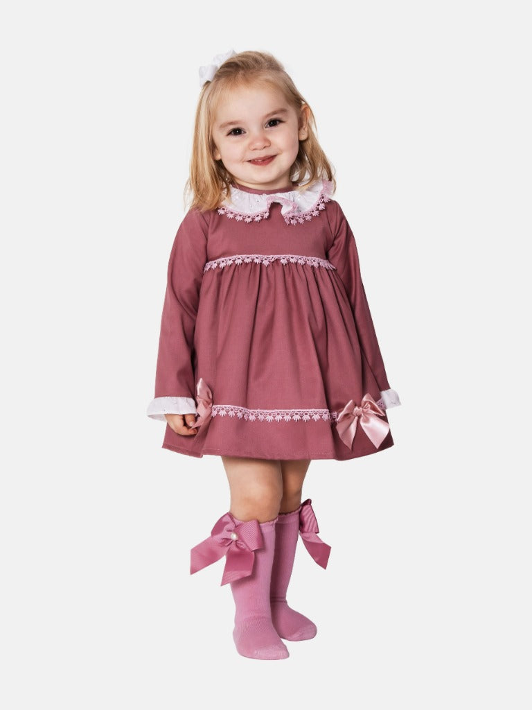 Baby Girl Alma Collection Dress with Lace and Bows - Dusty Pink