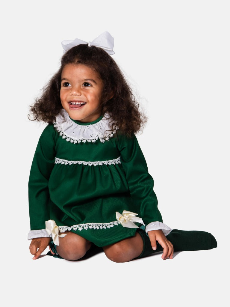 Baby Girl Alma Collection Dress with Lace and Bows - Green