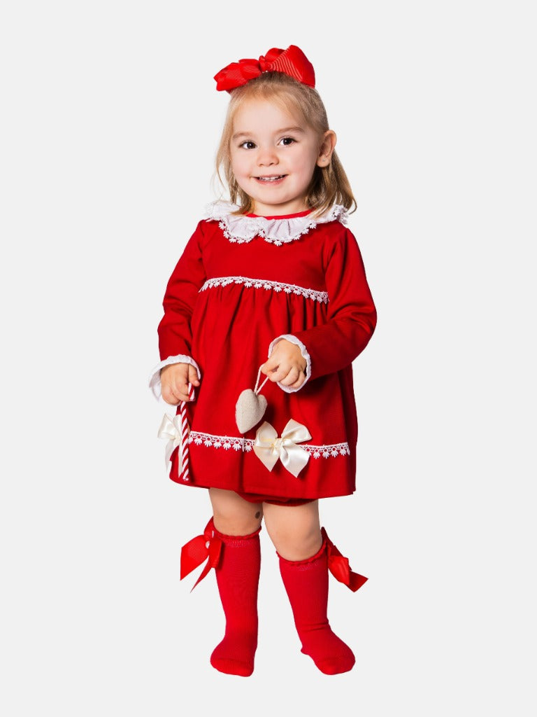 Baby Girl Alma Collection Dress with Lace and Bows - Red