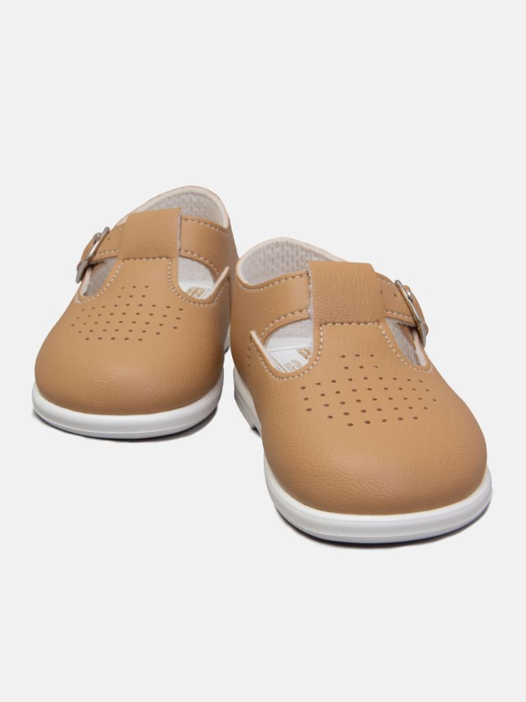 Baypods Hard Sole Boys T-Bar Hole Punched Shoes - Camel Brown