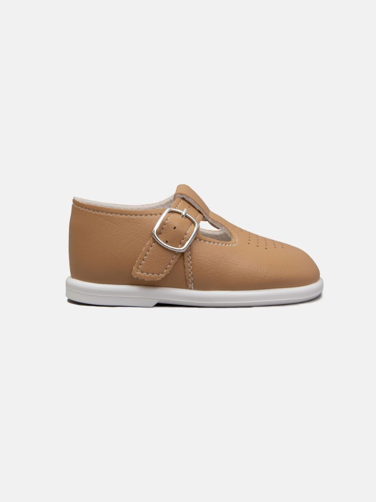 Baypods Hard Sole Boys T-Bar Hole Punched Shoes - Camel Brown