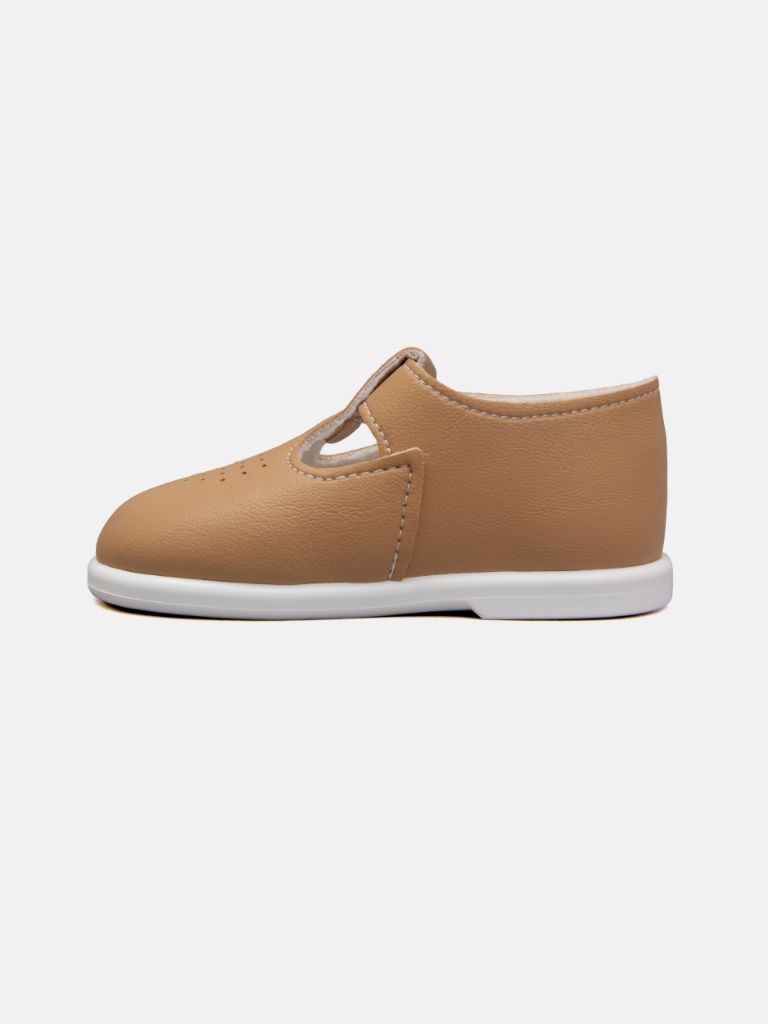 Baypods Hard Sole Boys T-Bar Hole Punched Shoes - Camel Brown