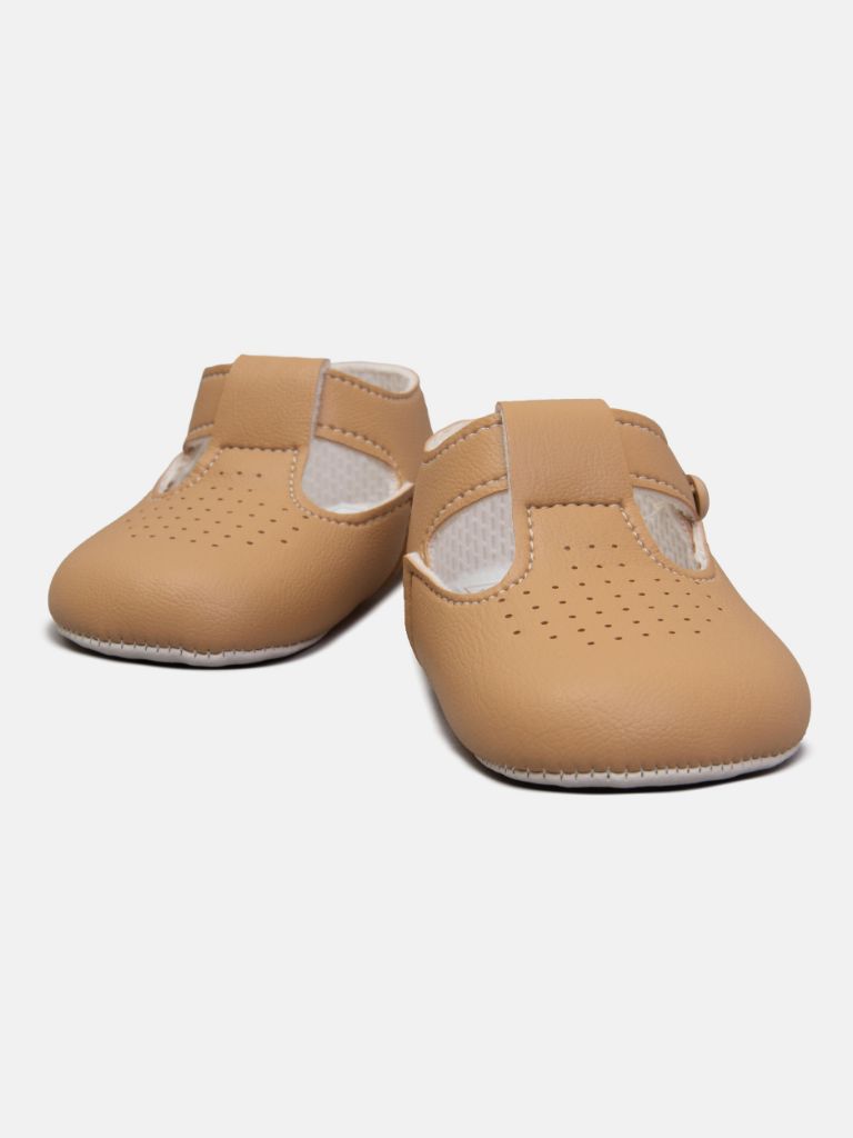 Baypods Soft Sole Boys T-Bar Hole Punched Shoes - Camel Brown