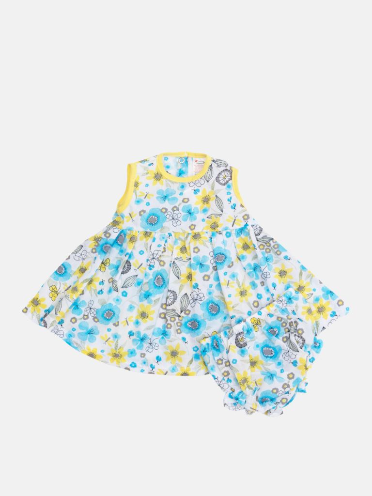 Baby Girl summer Floral Dress with knickers - Blue with Yellow