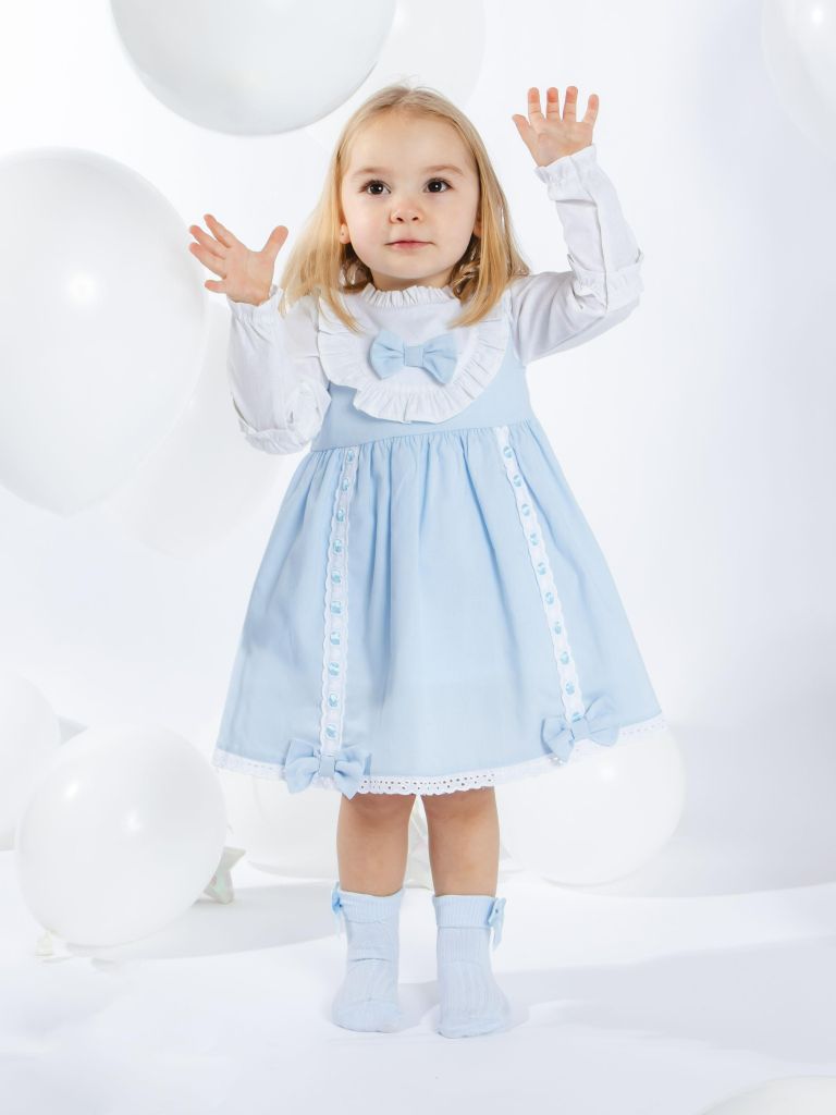 Baby Girl Lucia Collection Dress with Bows and Frilly long sleeve - Baby Blue