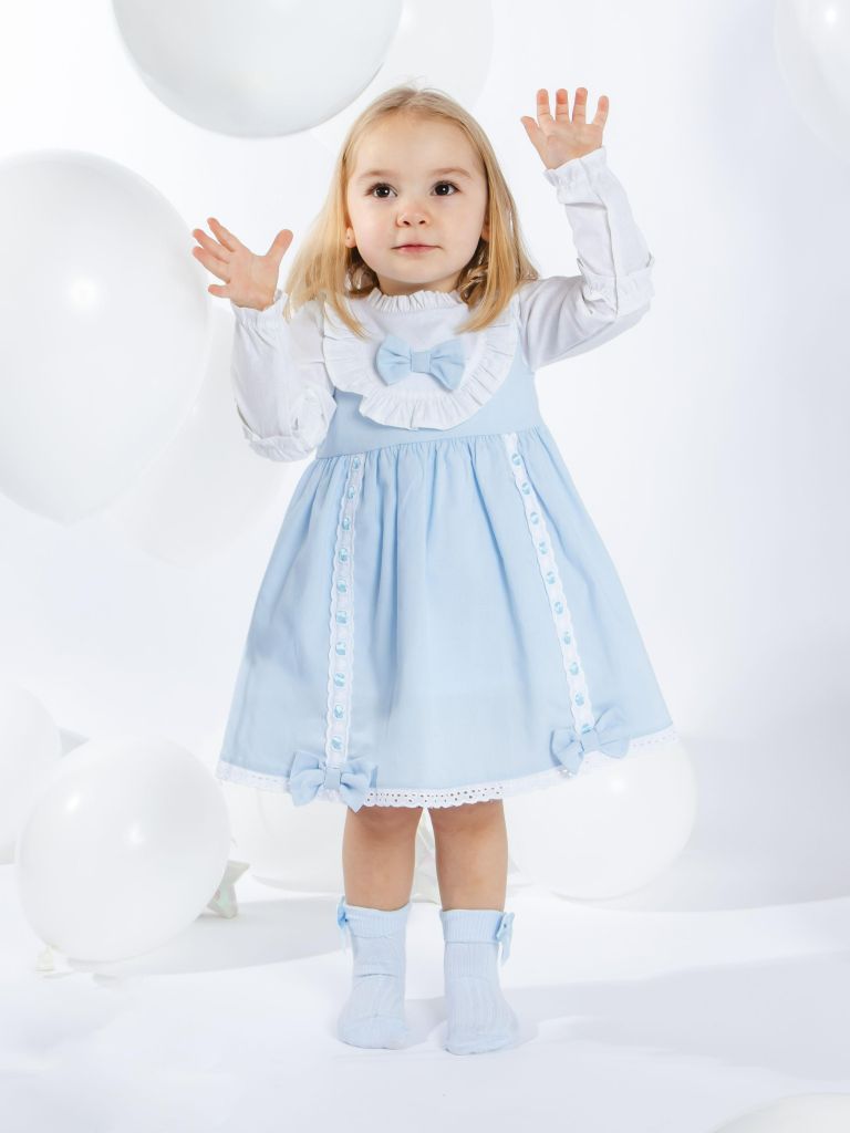 Baby Girl Lucia Collection Dress with Bows and Frilly long sleeve - Baby Blue