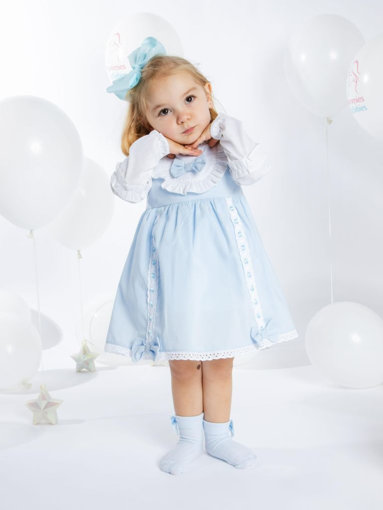 Baby Girl Lucia Collection Dress with Bows and Frilly long sleeve - Baby Blue