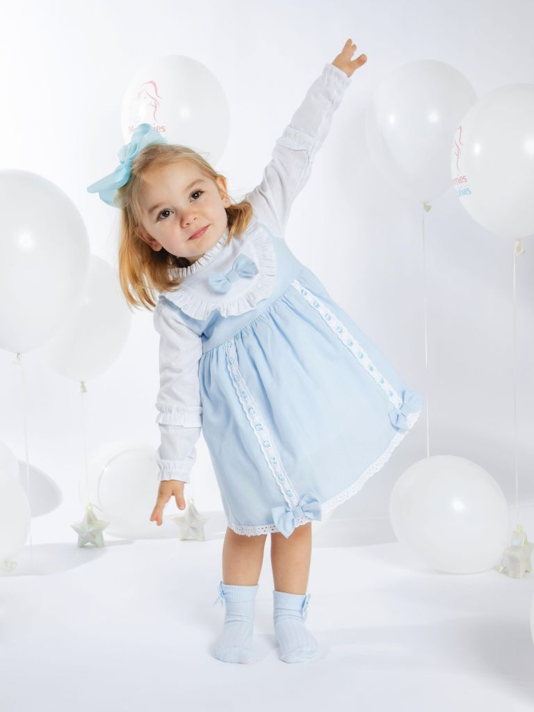 Baby Girl Lucia Collection Dress with Bows and Frilly long sleeve - Baby Blue