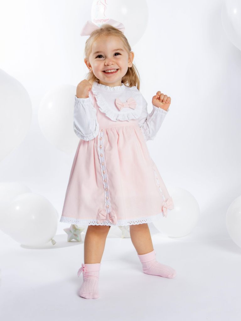 Baby Girl Lucia Collection Dress with Bows and Frilly long sleeve - Baby Pink