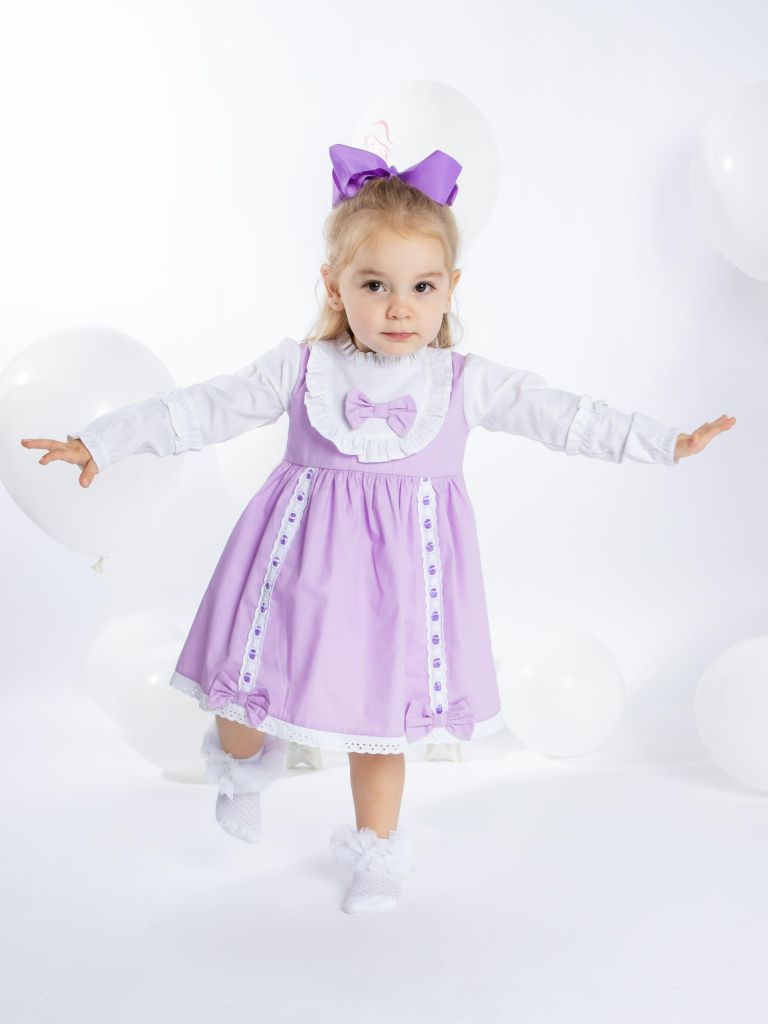 Baby Girl Lucia Collection Dress with Bows and Frilly long sleeve - Purple
