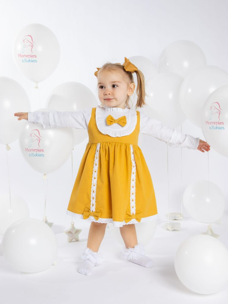 Baby Girl Lucia Collection Dress with Bows and Frilly long sleeve - Mustard