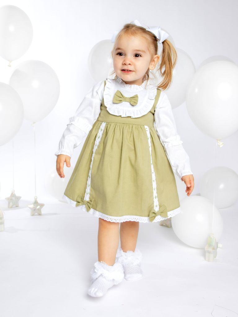 Baby Girl Lucia Collection Dress with Bows and Frilly long sleeve - Sage