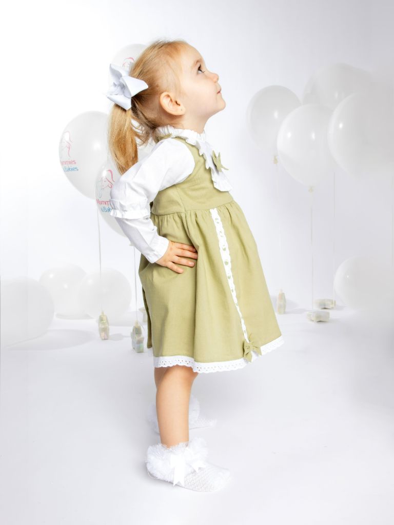 Baby Girl Lucia Collection Dress with Bows and Frilly long sleeve -  Sage Green