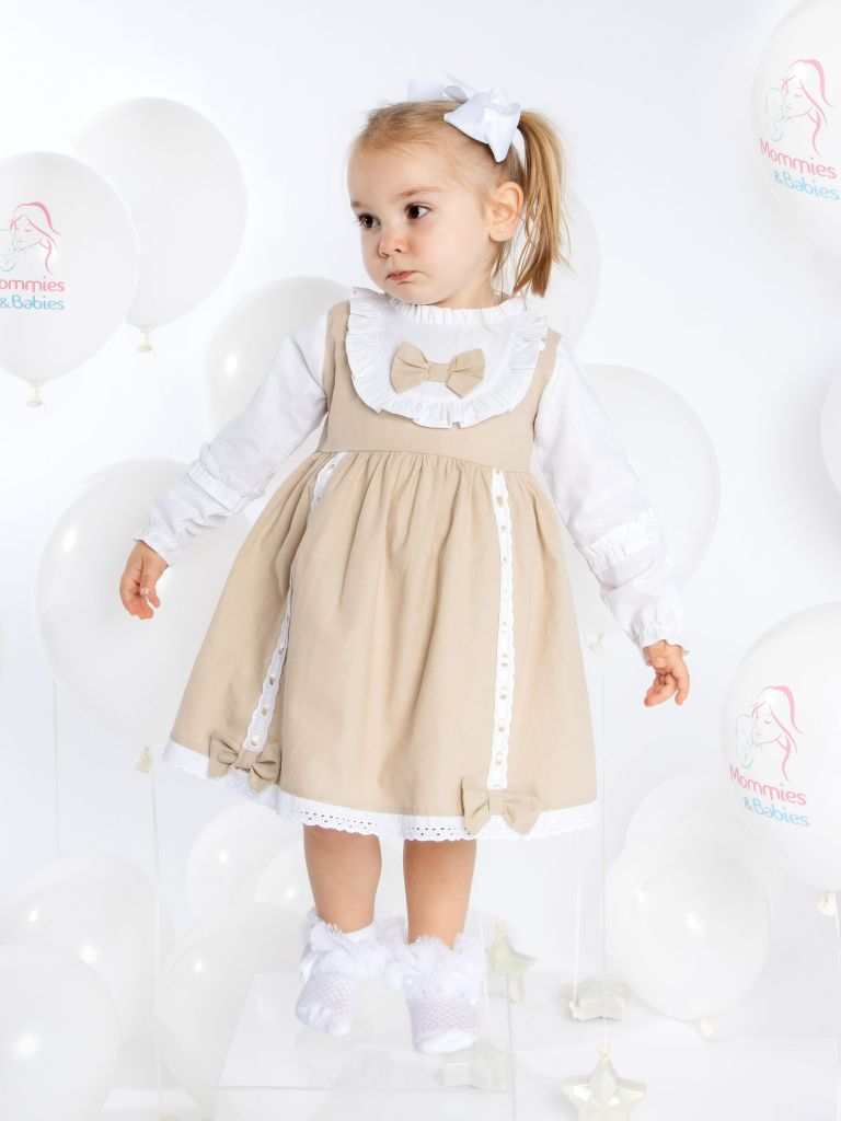 Baby Girl Lucia Collection Dress with Bows and Frilly long sleeve - Beige