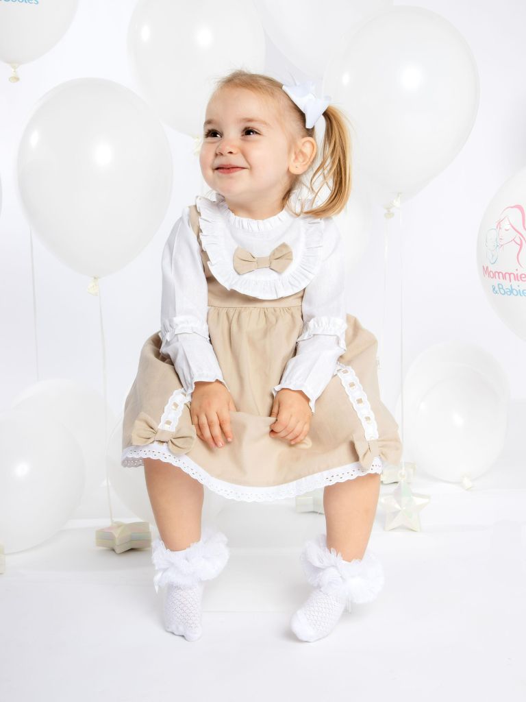 Baby Girl Lucia Collection Dress with Bows and Frilly long sleeve - Beige