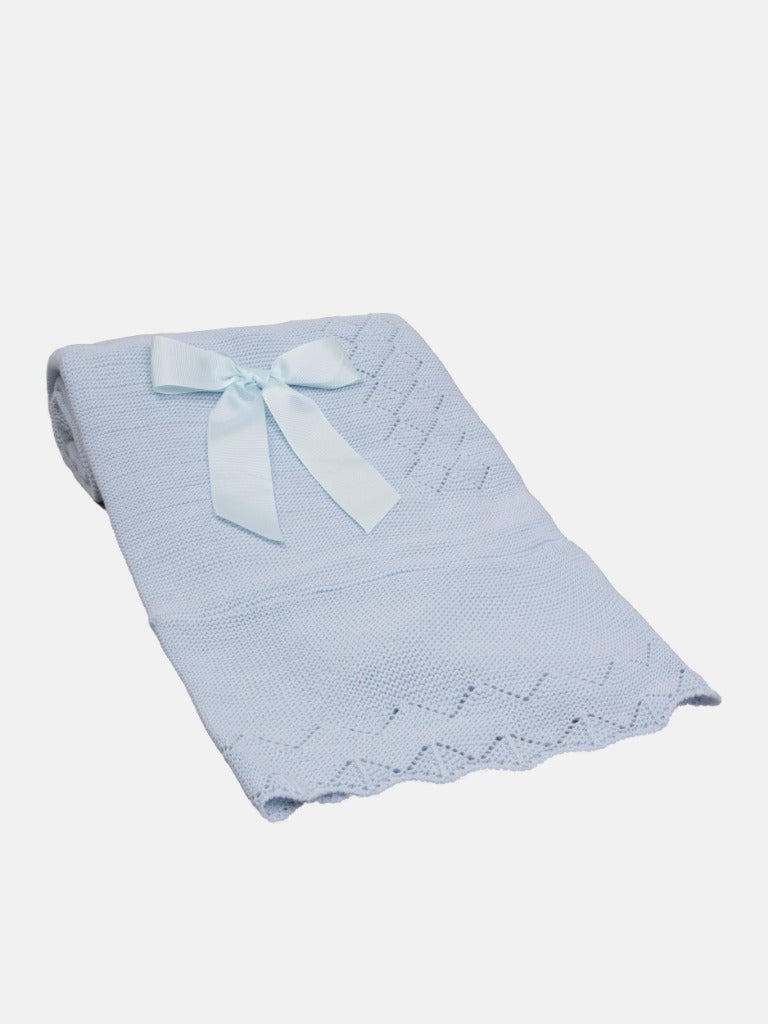 Baby Diamond Knitted Baby Blue Spanish Blanket with Satin Bow