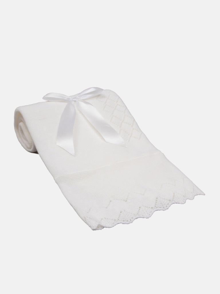Baby Diamond Knitted White Spanish Blanket with Satin Bow