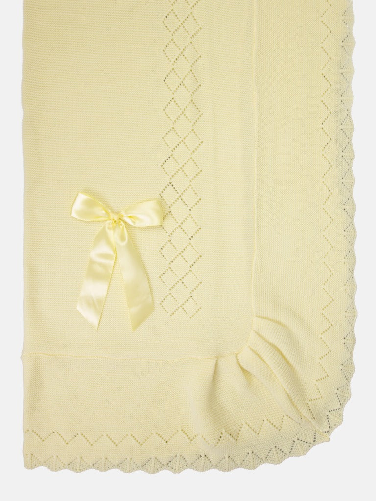 Baby Diamond Knitted Yellow Spanish Blanket with Satin Bow