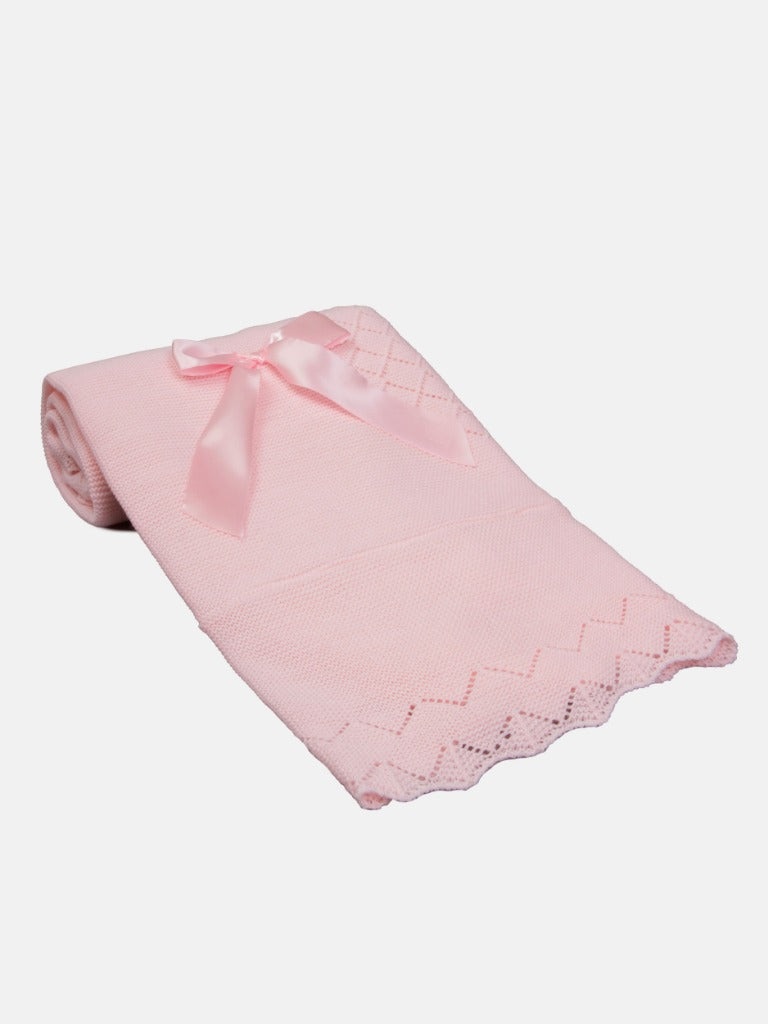 Baby Diamond Knitted Baby Pink Spanish Blanket with Satin Bow