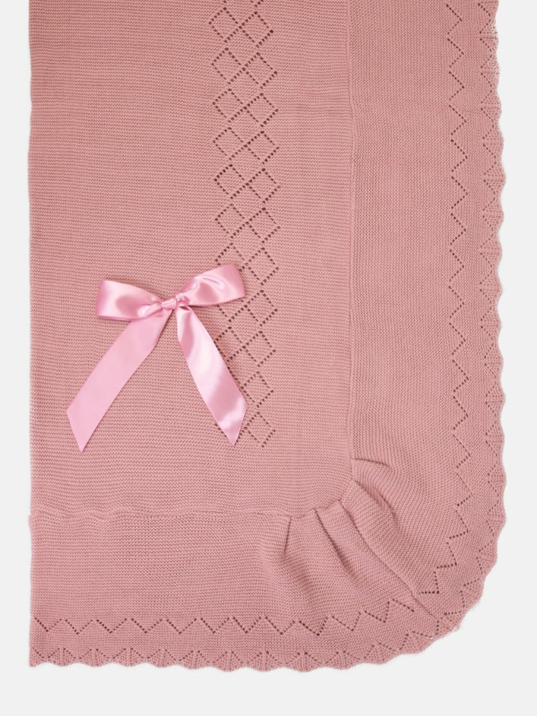 Baby Diamond Knitted Spanish Blanket with Satin Bow - Dusty Pink