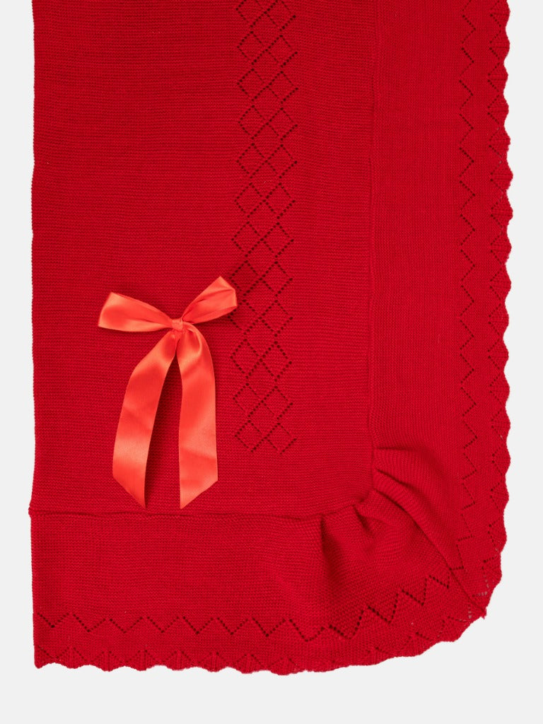 Baby Diamond Knitted Red Spanish Blanket with Satin Bow