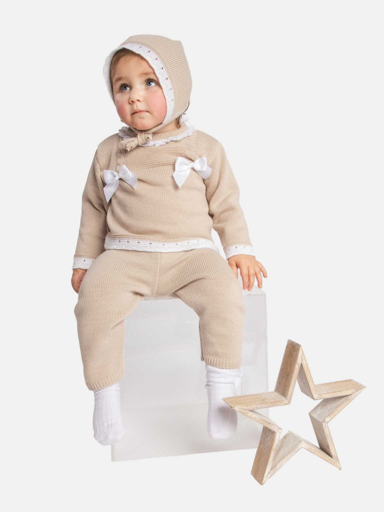 Baby Girl Ana Collection 3-piece Beige Knitted Set with Bonnet