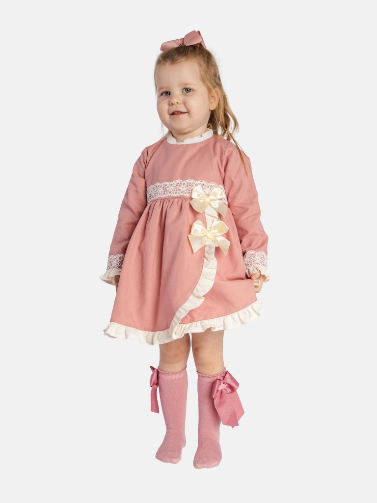 Baby Girl Lorianna Collection Spanish Dress with Ruffles and Bows - Dusty Pink