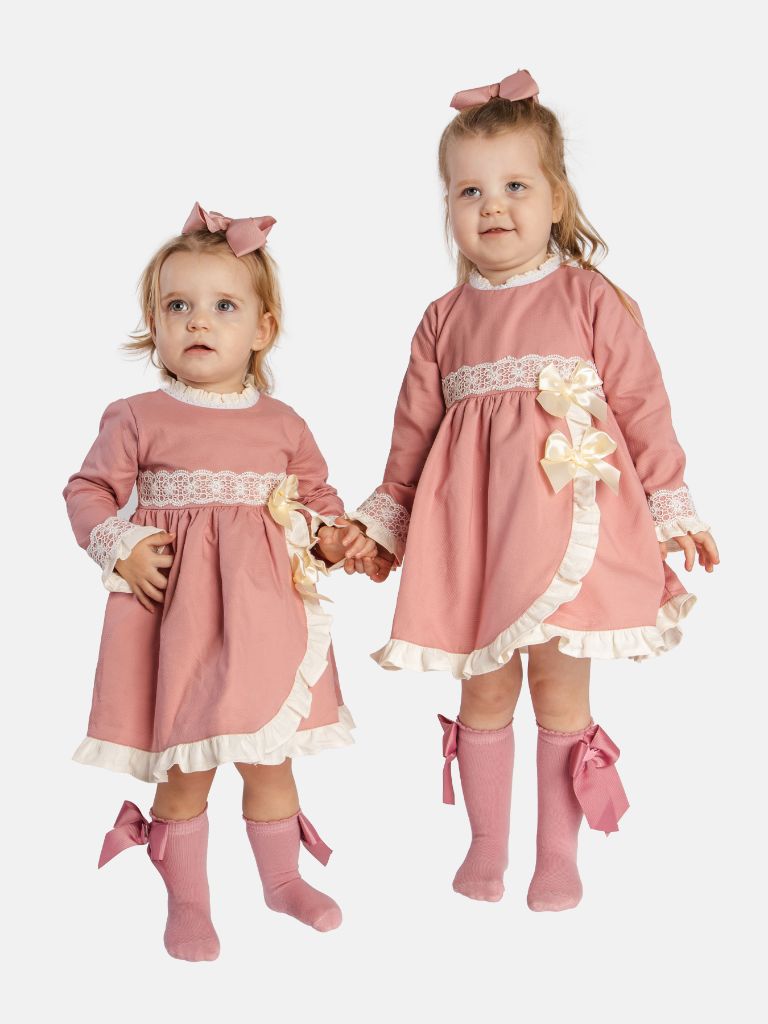 Baby Girl Lorianna Collection Spanish Dress with Ruffles and Bows - Dusty Pink
