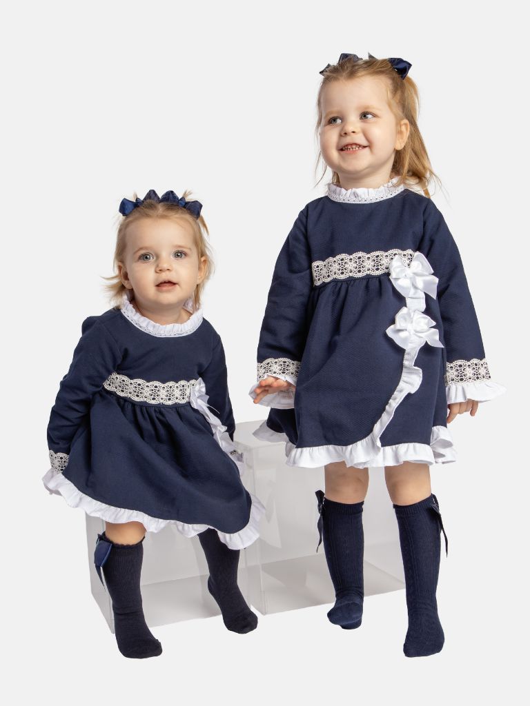 Baby Girl Lorianna Collection Spanish Dress with Ruffles and Bows - Navy Blue