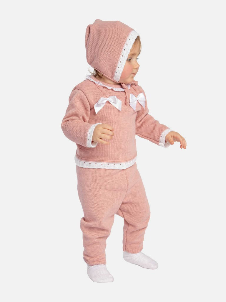 Baby Girl Ana Collection 3-piece Dusty Pink Knitted Set with Bonnet