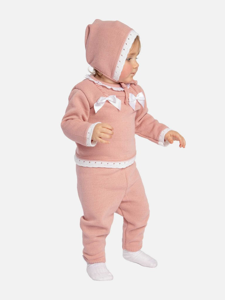 Baby Girl Ana Collection 3-piece Knitted Set with Bonnet - Dusty Pink