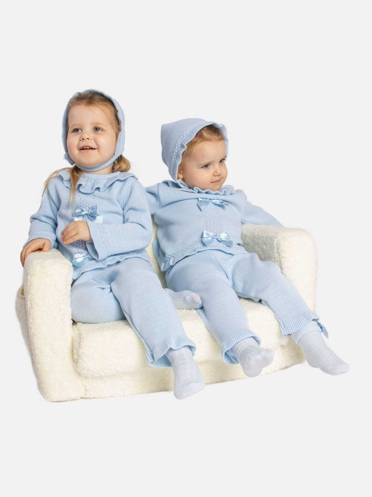 Baby Girl Rosabella Collection 3-piece Baby Blue Knitted Set with Bows and Bonnet