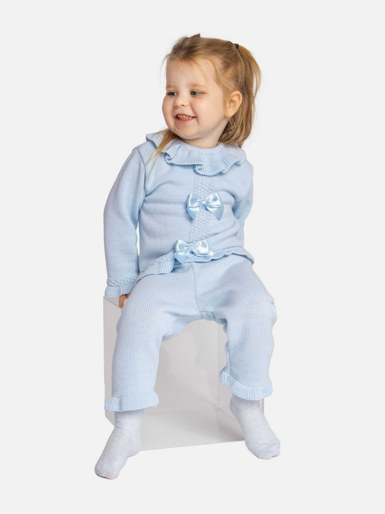 Baby Girl Rosabella Collection 3-piece Baby Blue Knitted Set with Bows and Bonnet
