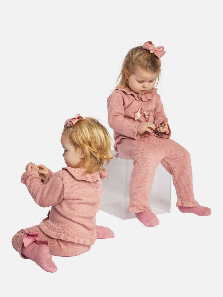 Baby Girl Rosabella Collection 3-piece Knitted Set with Bows and Bonnet - Dusty Pink