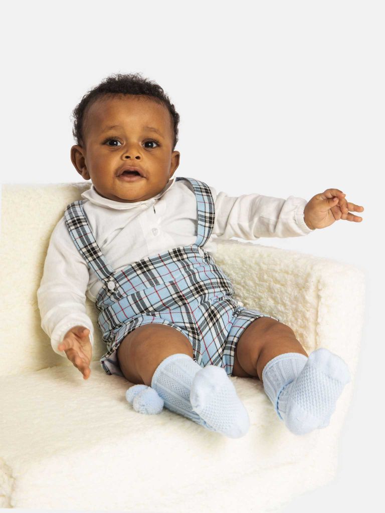 Baby Boy Luxury Tartan Romper with full sleeves White shirt Baby Blue Small Fit