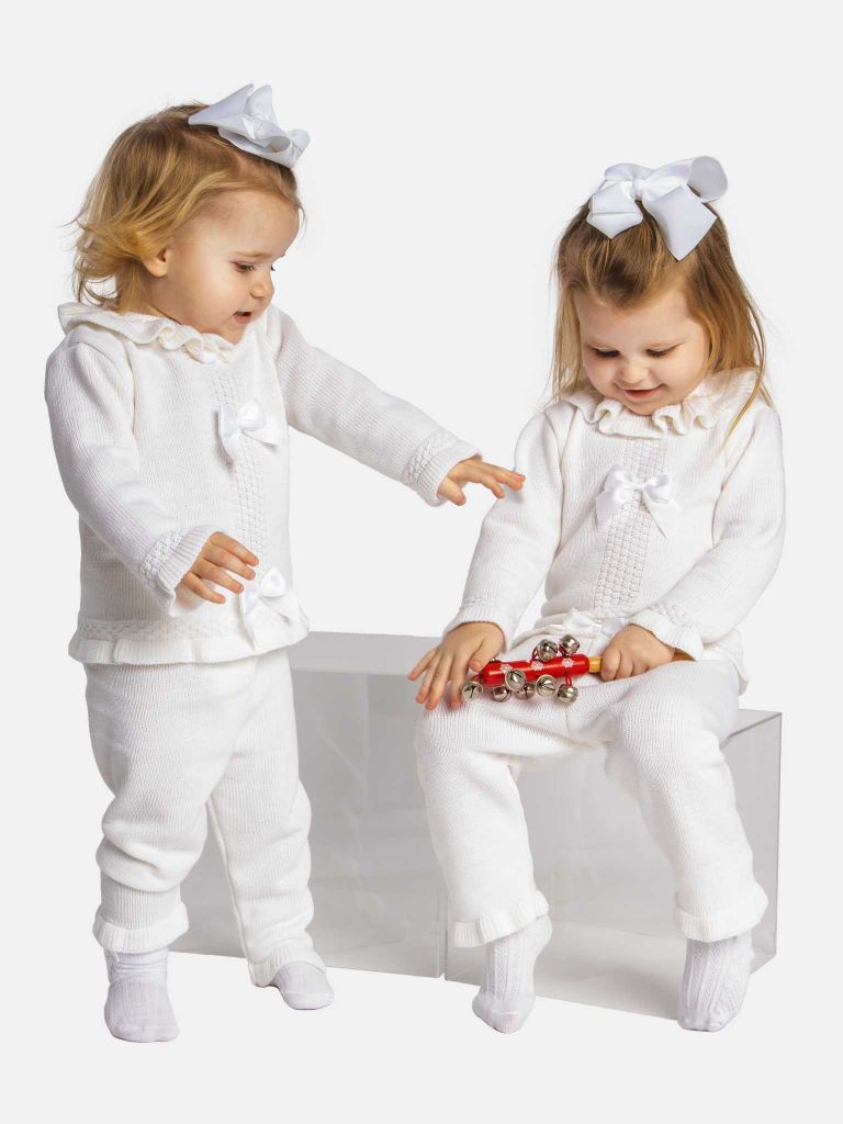 Baby Girl Rosabella Collection 3-piece White Knitted Set with Bows and Bonnet