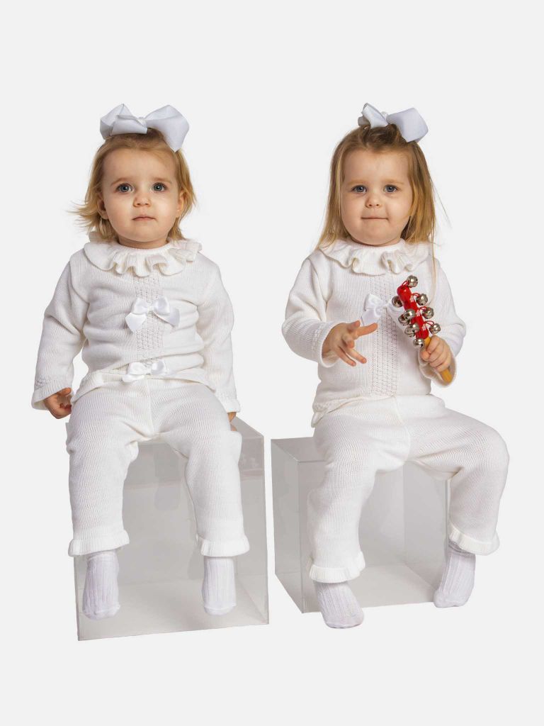 Baby Girl Rosabella Collection 3-piece Knitted Set with Bows and Bonnet - Ivory