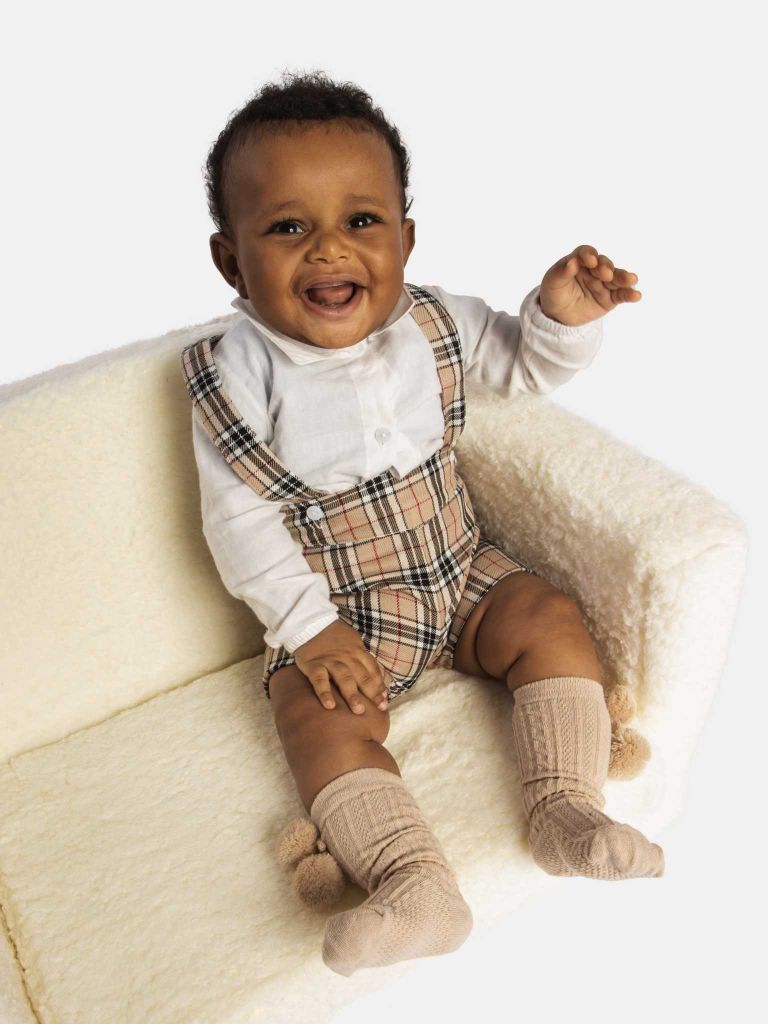 Baby Boy Luxury Tartan Romper with white shirt - Beige