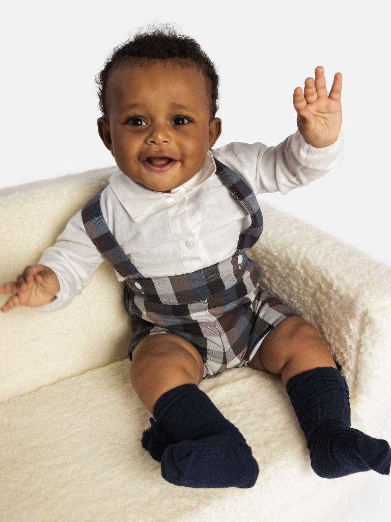 Baby Boy Luxury Tartan Romper with white shirt - Navy Blue