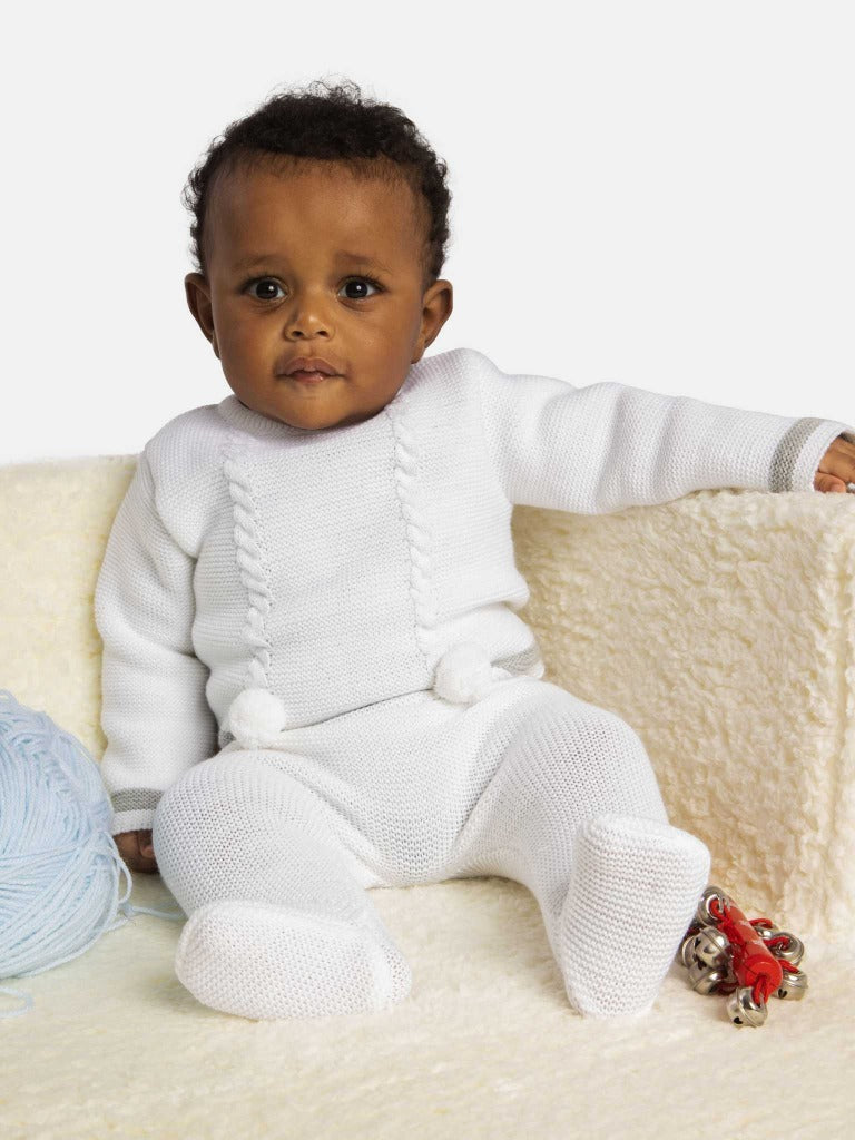 Pom Pom All White Infant Outfit Baby Boy Knitted Set Piece Outfit