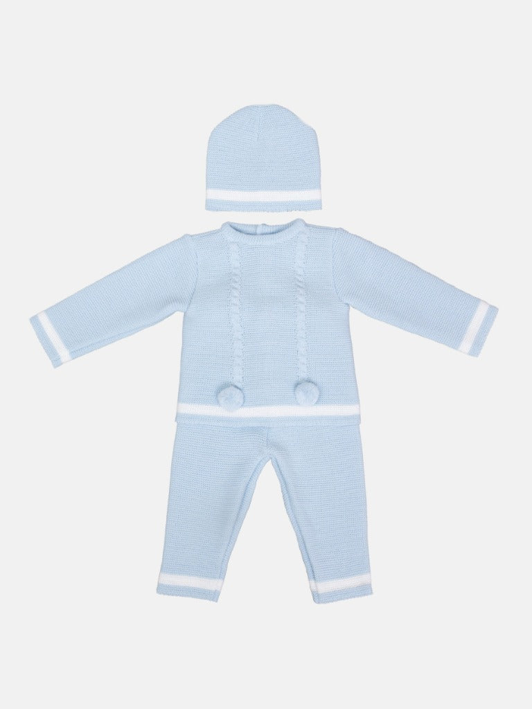 Baby Boy Luis Collection 3-piece Knitted Set with Pom-poms - Baby Blue