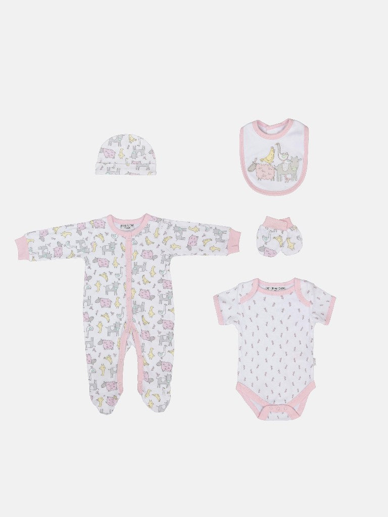 Baby Girl Watch Me Grow Farm Animals 5-piece Set - White & Pink