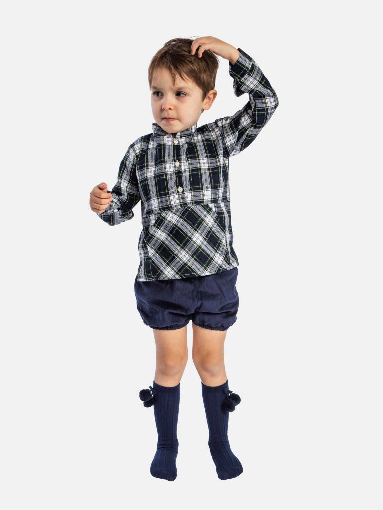 Baby Boy Aiden Collection Navy Blue Tartan Spanish Shirt with Jam Pants