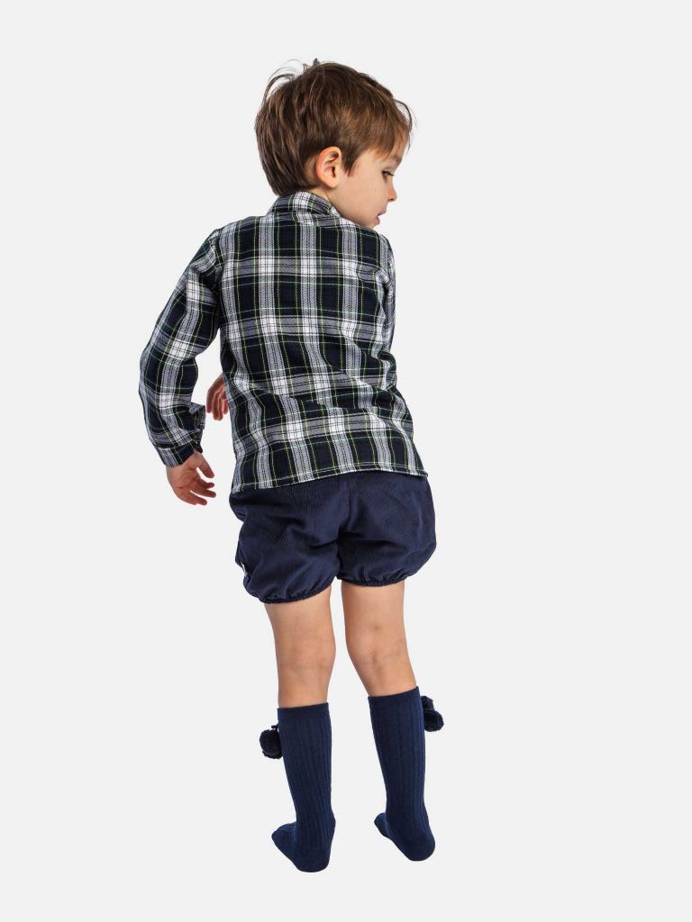 Baby Boy Aiden Collection Navy Blue Tartan Spanish Shirt with Jam Pants