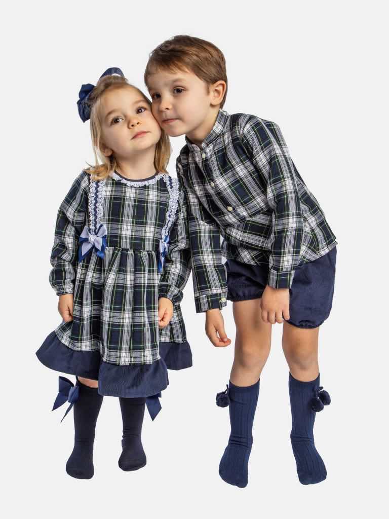 Baby Boy Aiden Collection Navy Blue Tartan Spanish Shirt with Jam Pants